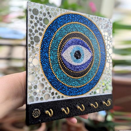 Handcrafted Evil Eye Wooden Key Holder with Mosaic Art and Hooks